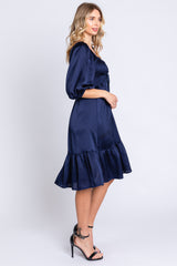 Navy Satin Smocked Ruffle Hem Dress