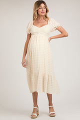 Ivory Textured Plaid Puff Short Sleeve Maternity Midi Dress