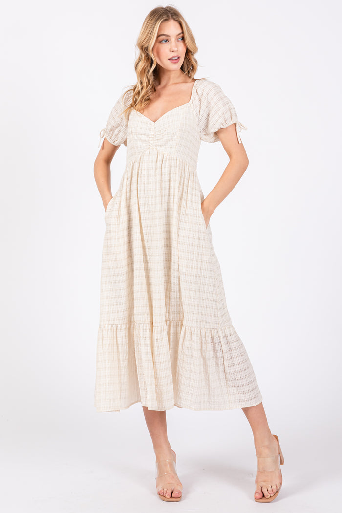 Ivory Textured Plaid Puff Short Sleeve Maternity Midi Dress
