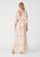 Ivory Printed Deep V-Neck Maxi Dress