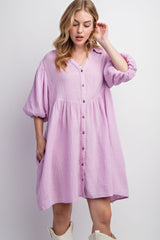 Lavender Button Down Bubble Sleeve Collared Dress