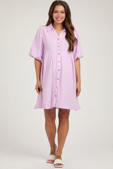 Lavender Button Down Bubble Sleeve Collared Maternity Dress