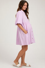 Lavender Button Down Bubble Sleeve Collared Maternity Dress