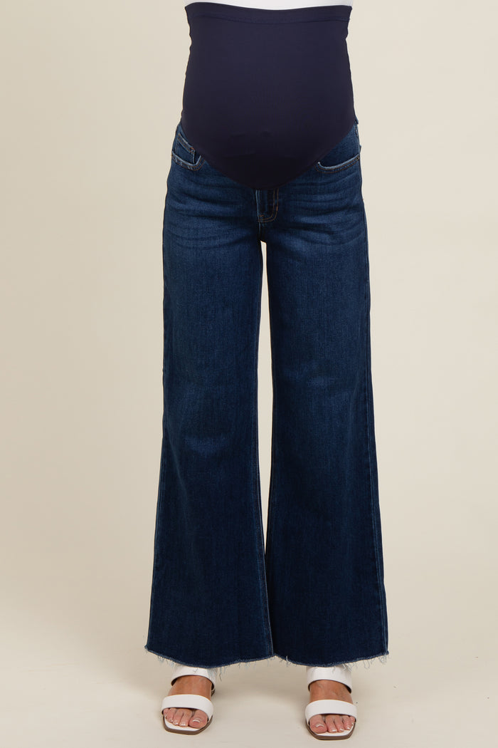 Navy Blue Unfinished Hem Wide Leg Maternity Jeans