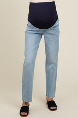 Light Blue Distressed Raw Hem Maternity Straight Leg Jeans