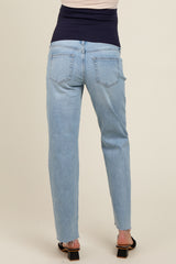 Light Blue Distressed Raw Hem Maternity Straight Leg Jeans