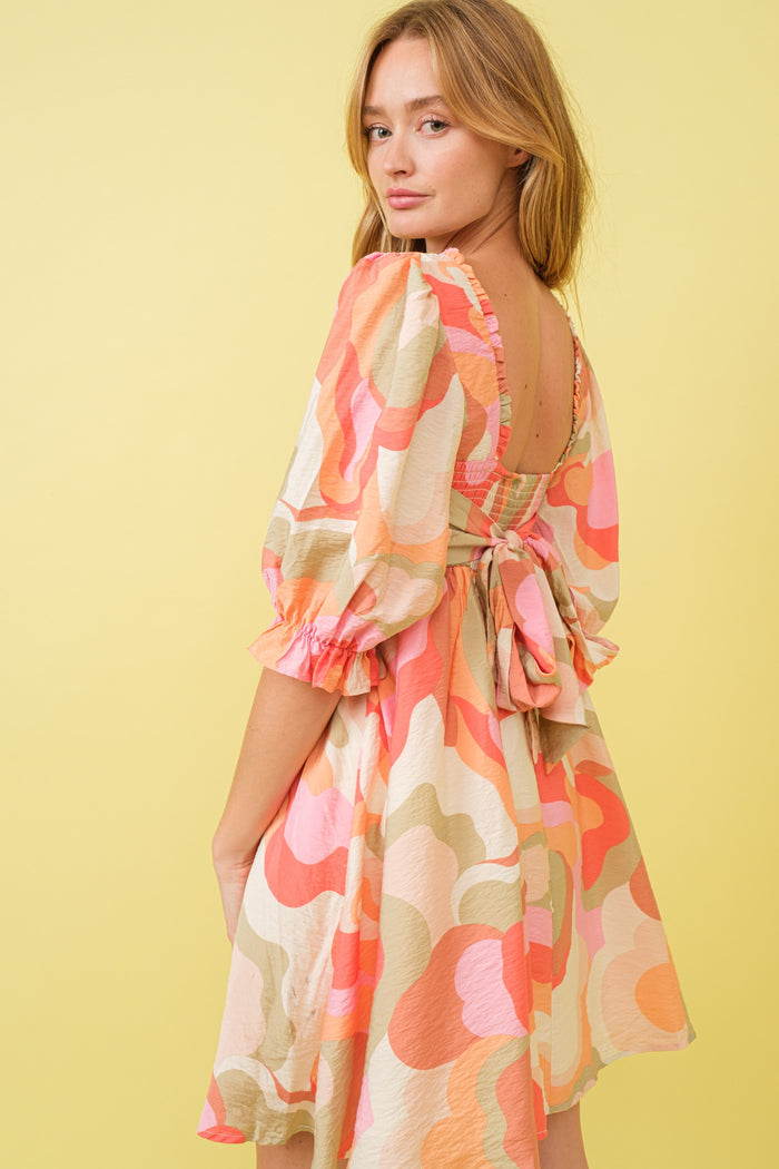 Pink Print Puff Sleeve Mini Dress
