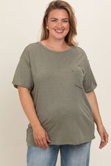 Olive Mineral Wash Front Pocket Short Sleeve Maternity Plus T-Shirt