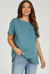 Teal Mineral Wash Front Pocket Short Sleeve Maternity T-Shirt