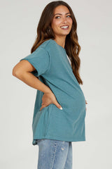 Teal Mineral Wash Front Pocket Short Sleeve Maternity T-Shirt