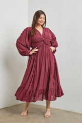 Burgundy Front Twist Plus Maxi Dress