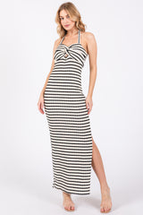 Ivory Striped Twist Front Halter Midi Dress