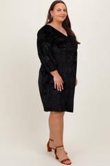 Black Velvet Floral Ruched Neck Plus Dress