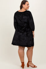 Black Velvet Floral Ruched Neck Plus Dress