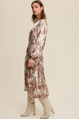Mocha Floral Print Satin Cinched A-Line Midi Dress