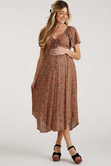 Mocha Floral Front Ruched Tie Maternity Midi Dress