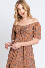 Mocha Floral Front Ruched Tie Midi Dress