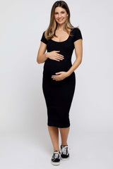 Black Rib Knit Short Sleeve Maternity Midi Dress