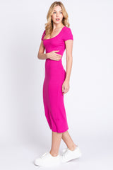 Fuchsia Rib Knit Short Sleeve Midi Dress