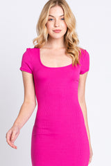 Fuchsia Rib Knit Short Sleeve Midi Dress