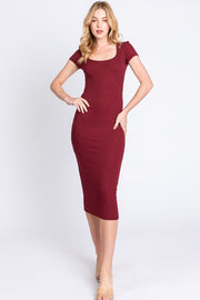 Burgundy Rib Knit Short Sleeve Midi Dress