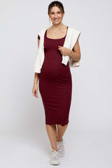 Burgundy Rib Knit Short Sleeve Maternity Midi Dress