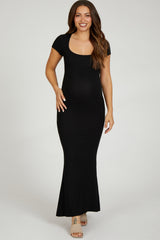 Black Ribbed Scoop Neck Maternity Maxi Dress