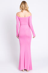 Pink Ribbed Off Shoulder Long Sleeve Maxi Dress