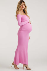 Pink Ribbed Off Shoulder Long Sleeve Maternity Maxi Dress