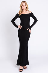 Black Ribbed Off Shoulder Long Sleeve Maxi Dress