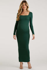 Forest Green Ribbed Long Sleeve Square Neck Maternity Maxi Dress