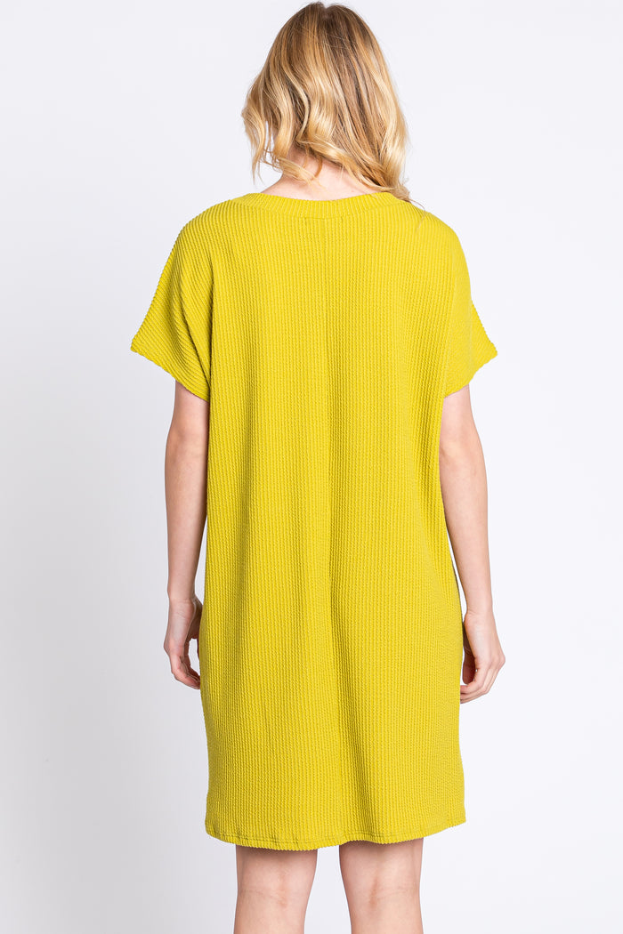 Lime Ribbed Front Pocket Dolman Short Sleeve Dress