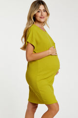 Lime Ribbed Front Pocket Dolman Short Sleeve Maternity Dress