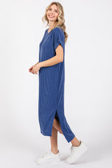 Blue Ribbed Short Sleeve Midi Dress