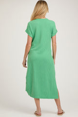 Green Ribbed Short Sleeve Maternity Midi Dress