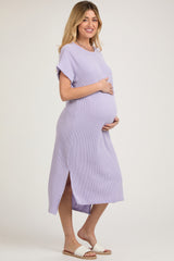 Lavender Ribbed Short Sleeve Maternity Midi Dress