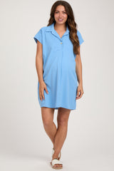 Blue Collared Button Front Maternity Dress