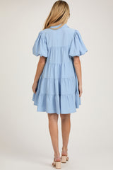 Light Blue Puff Sleeve Maternity Mini Shirt Dress