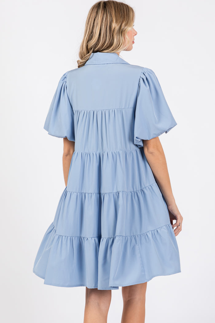 Light Blue Puff Sleeve Mini Shirt Dress
