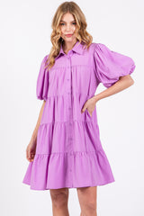 Lavender Puff Sleeve Mini Shirt Dress