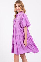 Lavender Puff Sleeve Mini Shirt Dress