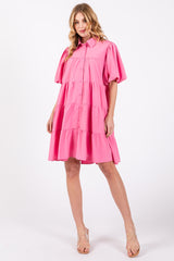 Pink Puff Sleeve Maternity Mini Shirt Dress