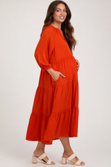 Orange Textured Tiered Maternity Midi Dress