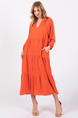 Orange Textured Tiered Maternity Midi Dress