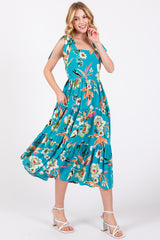 Turquoise Sleeveless Floral Tiered Midi Dress