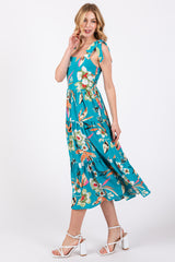 Turquoise Sleeveless Floral Tiered Midi Dress