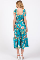 Turquoise Sleeveless Floral Tiered Midi Dress