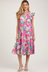 Fuchsia Floral Ruffle Tiered Maternity Dress