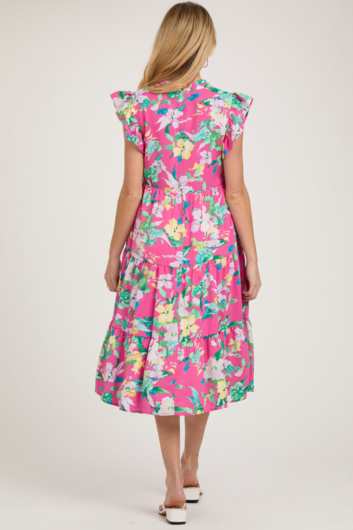 Fuchsia Floral Ruffle Tiered Maternity Dress
