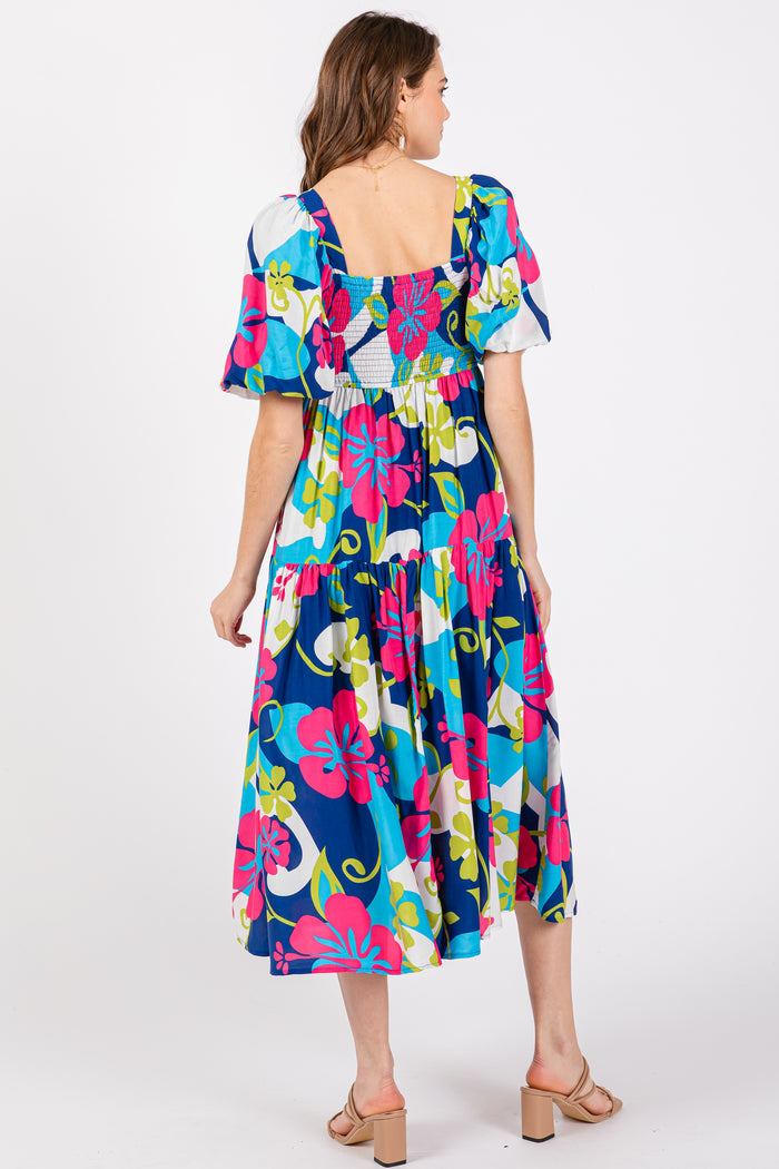 Royal Floral Tiered Puff Sleeve Midi Dress